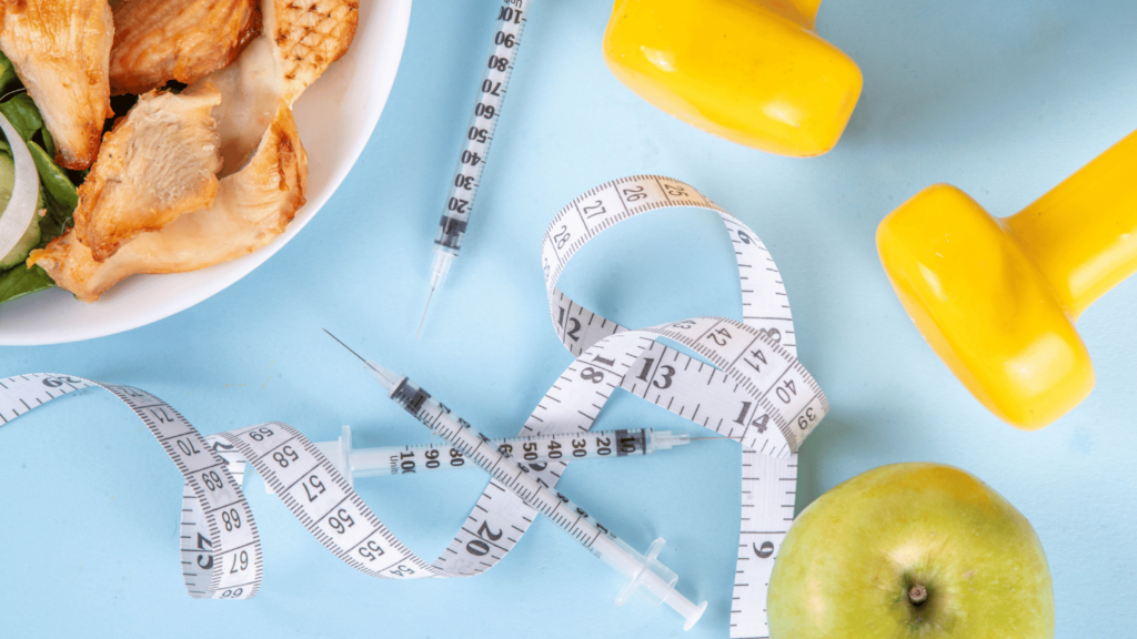 Healthy foods next to semaglutide syringes