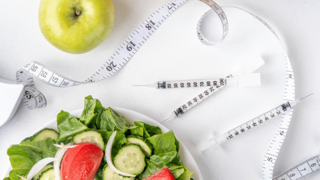 Weight loss injections with fresh vegetables and tape measure