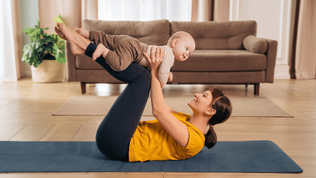 Woman exercising with her baby representing postpartum weight loss