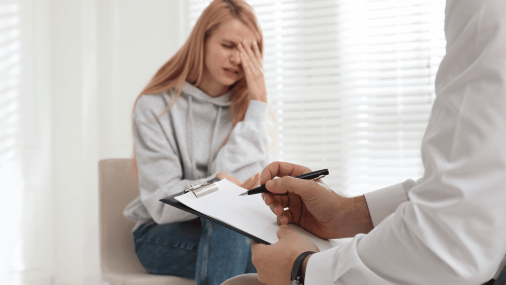 Woman experiencing opioid relapse symptoms with doctor