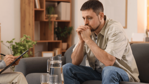 Thoughtful man sitting on a couch during a therapy session, symbolizing the challenges of quitting opioids and exploring treatment options like detox, tapering, and medication-assisted treatment (MAT)