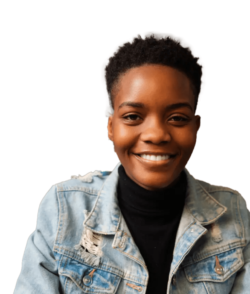 woman smiling with a jean jacket